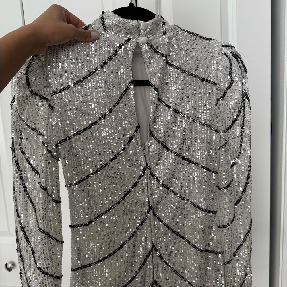 Silver Sequin Long Sleeve Mini Dress - Picture 6 of 6
